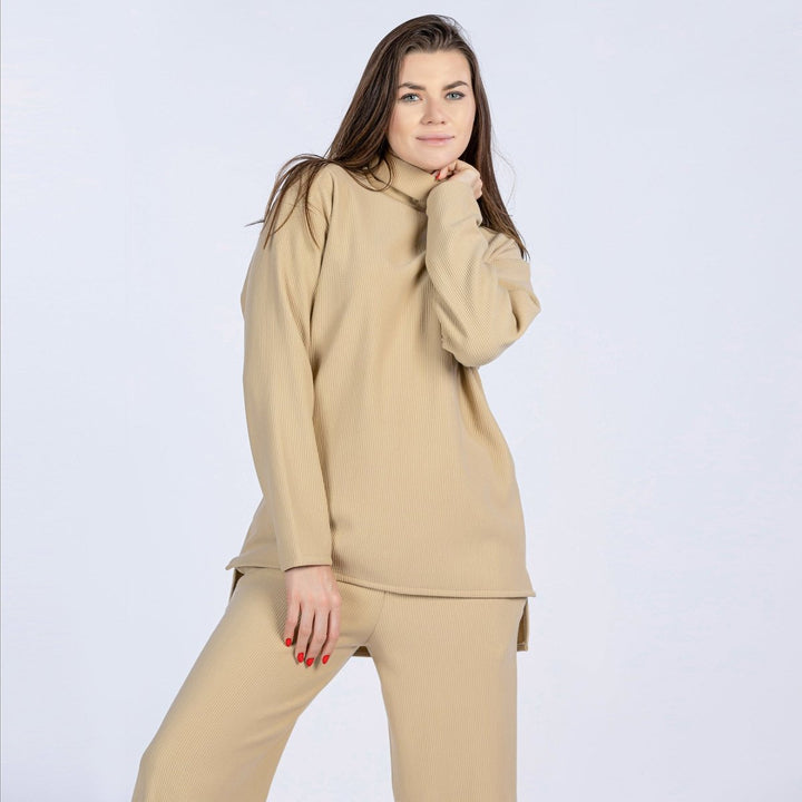 6495 Basic over-size autumn casual pajama set in beige, made of ribbed fabric to ensure the best comfort - model 2024 from YOULYA - Youlya