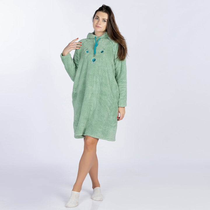 A night shirt made of soft terry fur material and green color - the shirt is medium length, long sleeves and equipped with a cape and a pocket on each side of different sizes - new 2024 from YOULYA - code 6488 - Youlya
