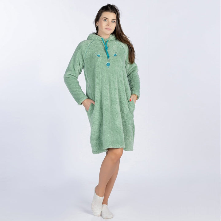 A night shirt made of soft terry fur material and green color - the shirt is medium length, long sleeves and equipped with a cape and a pocket on each side of different sizes - new 2024 from YOULYA - code 6488 - Youlya